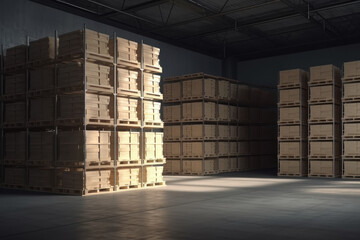 Warehouse with boxes on racks. AI generative.