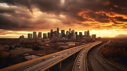Fototapeta na wymiar city downtown skyline at sunset with highway, beautiful orange lights, epic view, colorful clouds, generative ai