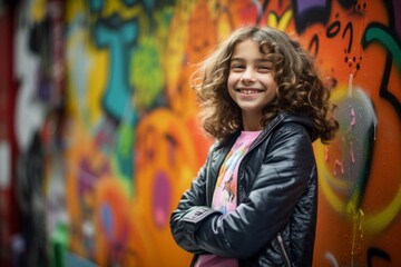 Lifestyle portrait photography of a satisfied kid female smiling against a colorful graffiti wall background. With generative AI technology