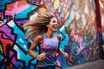 Lifestyle portrait photography of a satisfied mature woman running against a colorful graffiti wall background. With generative AI technology