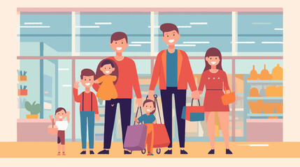 A vector of Portrait of happy black family with trolley shopping together at grocery store