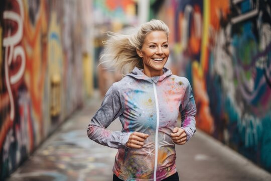 Lifestyle portrait photography of a satisfied mature woman running against a colorful graffiti wall background. With generative AI technology