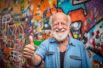 Obraz na płótnie Canvas Close-up portrait photography of a glad old man with thumbs up against a colorful graffiti wall background. With generative AI technology