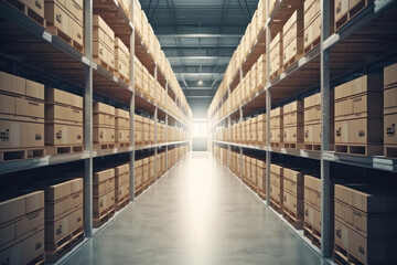 Large hoard with boxes on the shelves. AI generative.