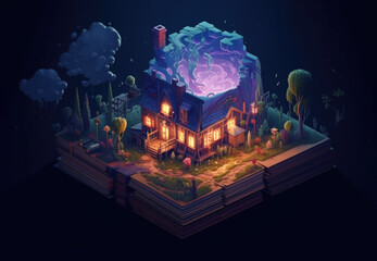 Isometric view of fabulous house with glowing windows with gaping roof in form of purple potion in cauldron of witch with trees and smoke around at night during halloween, created with Generative AI