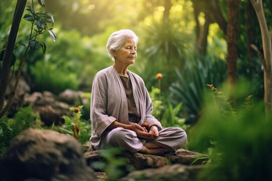 Environmental portrait photography of a glad old woman meditating against a lush garden background. With generative AI technology