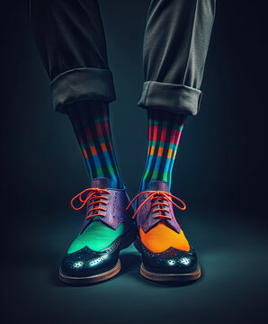 Funny colorful shoes and stylish socks on mens feet. Fashionable fotwear. Generative Ai image