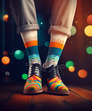 Funny colorful shoes and stylish socks on mens feet. Fashionable fotwear. Generative Ai image