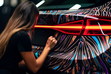 A woman car wrapping specialist at work, wrapping a sports car with livery car wrap. Car print. Ai generated art