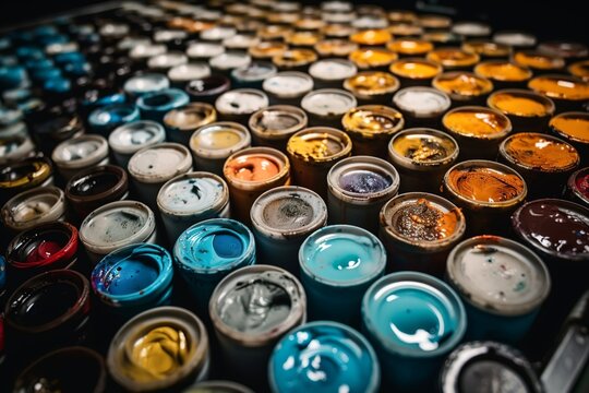 close-up abstract photo of coloured oil paint bottles, colourful paint palette, generative ai