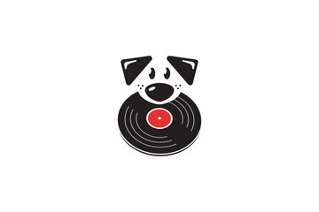 Creative logo design designated to the pet industry depicting a dog with a vinyl in his mouth.