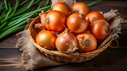 Fresh onions in a basket on a wooden background. Selective focus.