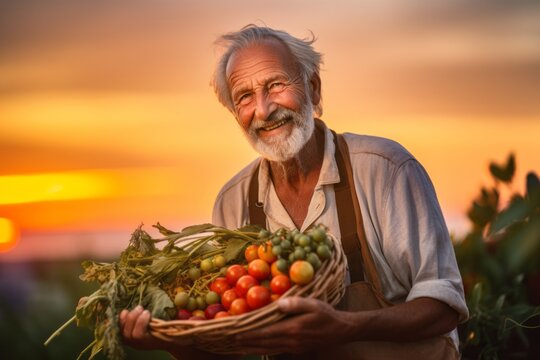 Close-up portrait photography of a satisfied old man harvesting fruits or vegetables against a vibrant sunset background. With generative AI technology