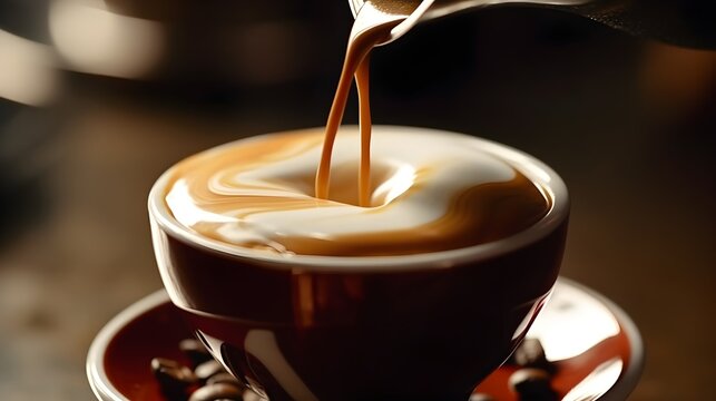 A close-up shot of a perfect espresso pour, the dark liquid contrasting with the rich crema