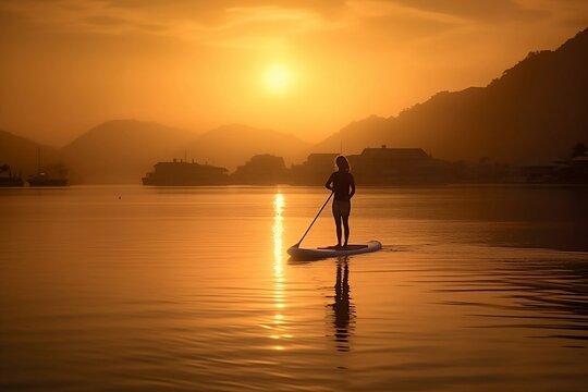 A girl or woman stands up paddle SUP board on a flat quiet river during sunrise or sunset. Stand up paddle boarding - active recreation in nature, relaxing on the ocean. Generative AI Technology