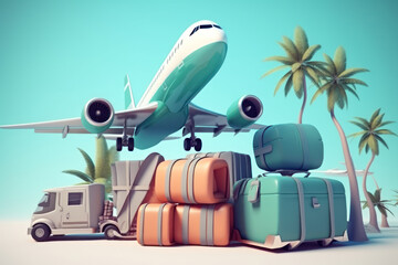 Travelling with luggage and airplane on the beach. Generative AI