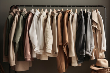 Modern male man neutral colors autumn capsule wardrobe with different coats on grey background. Building stylish wardrobe, Seasonal capsule for easy dressing, order in things concept. Generative AI