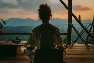 Behind of woman meditating in sunset time.