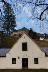 house in the woods infront of a mountian