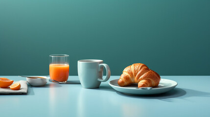 Generative AI image of a modern, complete and delicious breakfast against a color simple background - obrazy, fototapety, plakaty