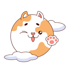 Cute round spotted cat, stylized as a planet. A red-and-white cat in space. The cat universe. Vector illustration in cartoon style, isolated on a white background.