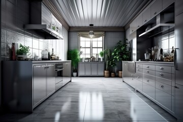 Fototapeta na wymiar A stainless steel kitchen with stainless steel appliances. Generative AI