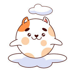 Cute round red-and-white spotted cat, stylized as a planet. A bloated cat in space. The cat universe. Vector illustration in cartoon style, isolated on a white background. Doodle cat
