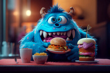 Funny cheeseburger lover. Gluttony. Generative AI. Burger day. Cute blue monster overeats street food. Illustration for children's menu, pizzeria, article, cover. Cartoon with junk food concept - obrazy, fototapety, plakaty