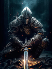 A knight in heavy metal armor knelt on one knee. - obrazy, fototapety, plakaty