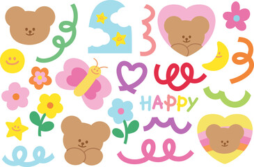 Fototapeta premium Vector illustrations of teddy bear and summer icons of butterfly, flower, HAPPY font, heart, moon, happy emoji for stickers, cartoon, characters, cute patches, brooch, shirt print, animal, zoo, picnic