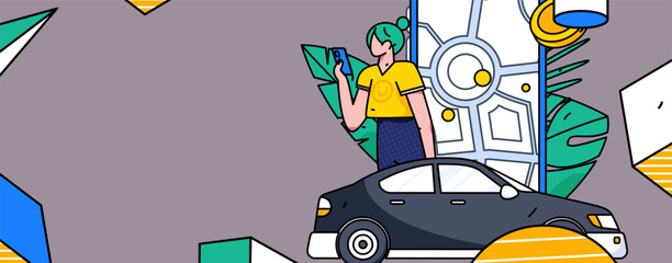 Flat vector concept operation hand-drawn illustration of people taking a taxi
