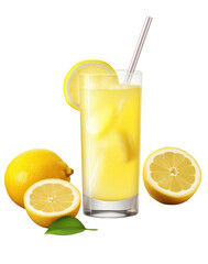 Front view of fresh lemon juice in a glass with lemons on cutout PNG transparent bakcground. Cool lemonade for summer. Generative AI