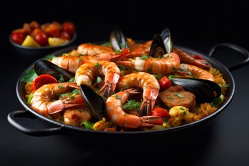 Macro detail close-up photography of a tempting paella on a slate plate against a dark background. With generative AI technology