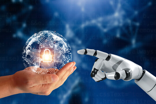 Idea unlocking technology concept with a robotic arm with a key and a white globe icon The world's most technologically advanced unlocking symbol.
