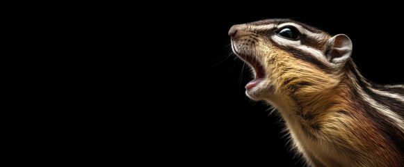 Head of a chipmunk, a close-up of a herbivore animal. The rodent screaming. Image on the right, chipmunk head on a black isolated panoramic banner background. Generative AI.