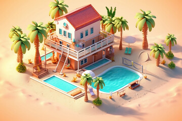 Fototapeta na wymiar beach house with beautiful sandy shore, clear blue water, palm trees, a play area with volleyball net and sand castles, swimming pool, 3d isometric. Generative Ai