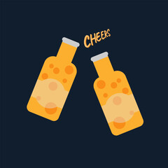 International beer day celebration. Cheers two bottles of beer on dark blue background in flat style. Cold beverage for pub and bar club.