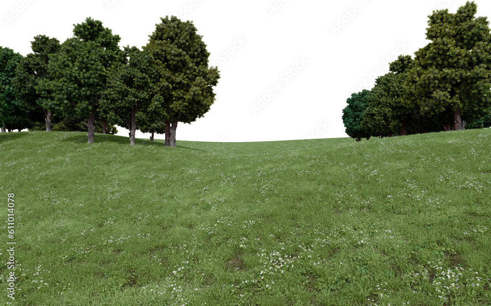 Fototapete realistic grass hill and forest tree line. 3d rendering of isolated objects.