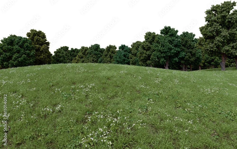 Aufkleber realistic grass hill and forest tree line. 3d rendering of isolated objects.