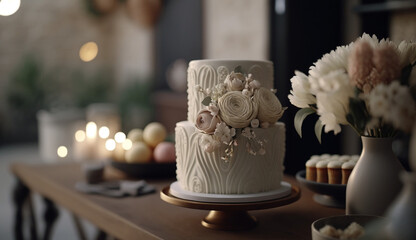 AI generative image of a white elegant wedding cake in a rustic scene at home kitchen decor indoors 