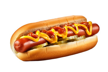 A delicious hot dog with mustard, ketchup and pickles, isolated (Generative AI, Generativ, KI) - obrazy, fototapety, plakaty