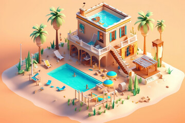 Obraz premium beach house with beautiful sandy shore, clear blue water, palm trees, sand castles, 3d isometric. Generative Ai