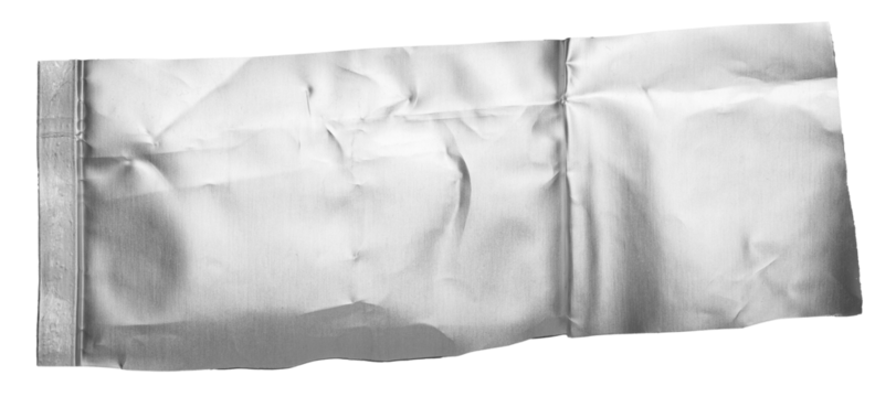 One single piece of cut out crumpled bright shiny metallic aluminium foil, isolated on white or transparent background
