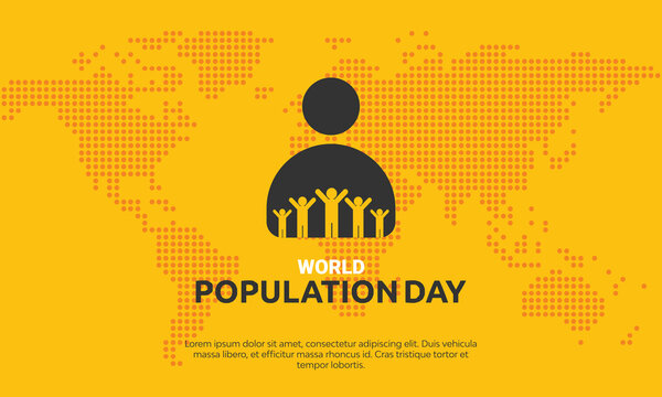 World Population Day, with group of silhouette people raise arms stand and dot world map on yellow background vector design.