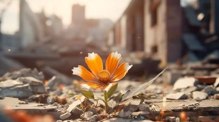  Flower on the ruins of the city. The concept of the birth of a new life. Generative ai © NK