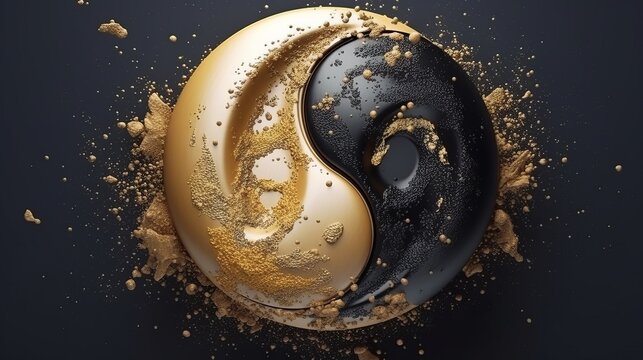 Golden and black yin yang symbol with floating powder. Generative ai