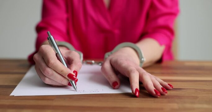 Hands of criminal in handcuffs woman suspect writes statement. Detainee writes sincere confession or request