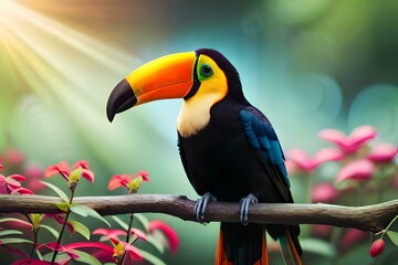 Obraz premium Toucan bird in its natural environment. Concept of preservation of the species. Created with generative Ai technology.