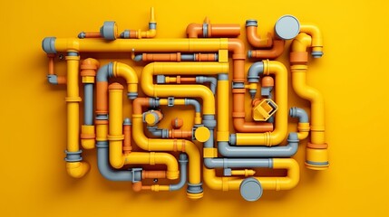 A group of yellow and gray pipes on a yellow background. Generative ai