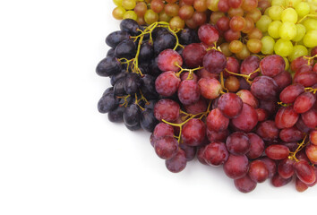 Many kinds of grapes isolated on white. Copy space for text.